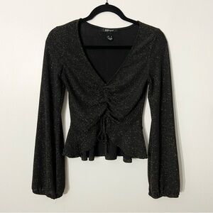 Black Sparkly Cropped V-Neck Long Sleeve Top